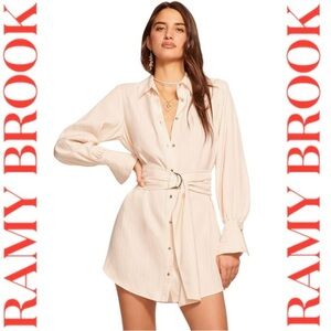 Ramy Brook Mini Belted LurexSandstone Stripe Long Sleeve Large Nellie Dress $495